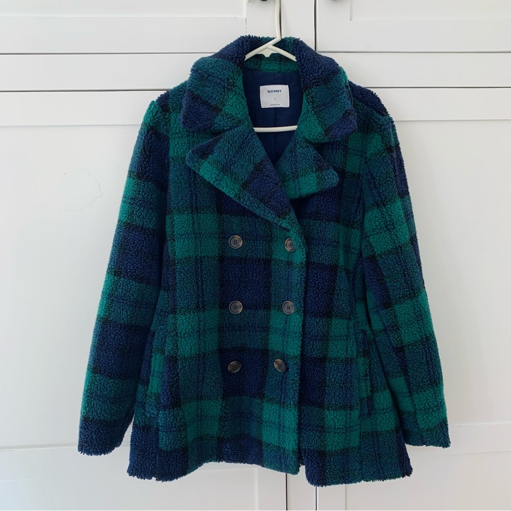 Old Navy Green/Blue Flannel Sherpa Peacoat Novelty Black Watch Coat Size Large